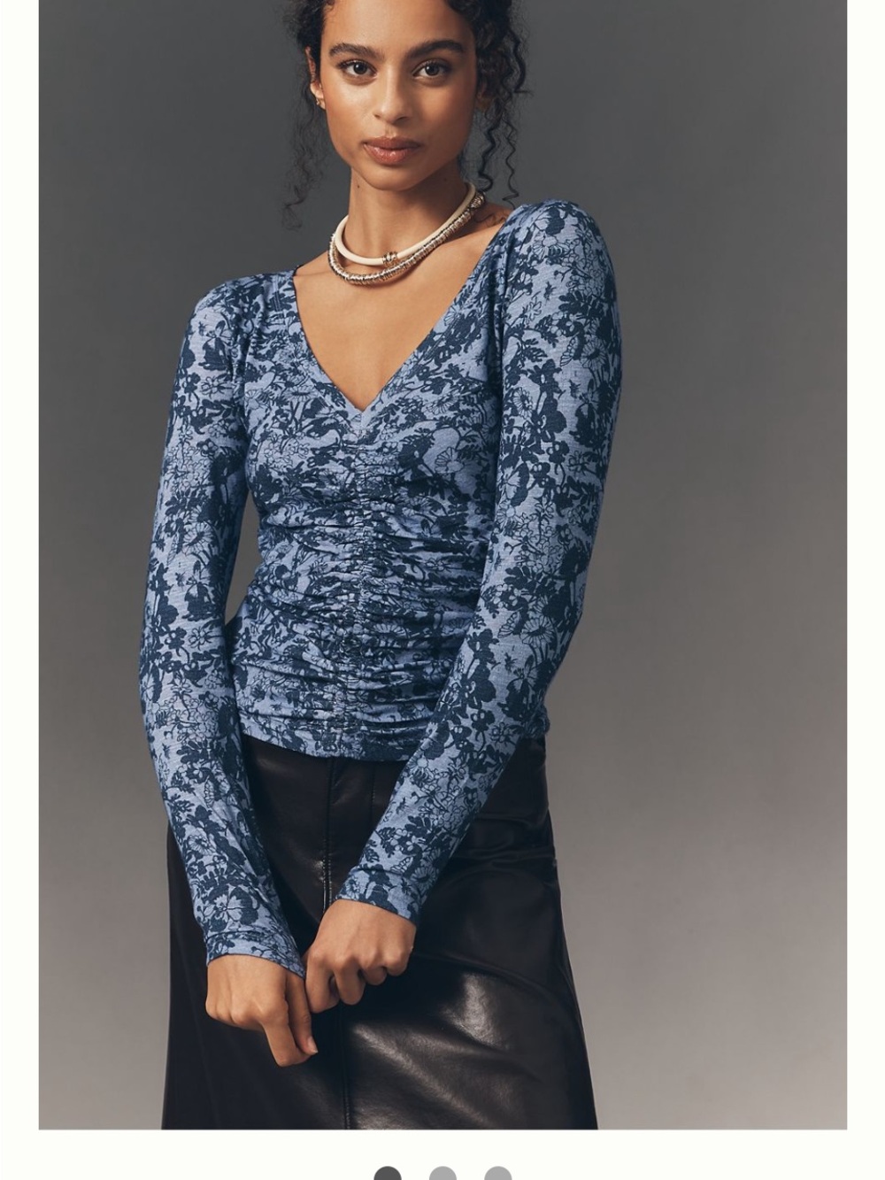 Pilcro Blue Floral Ruched V-Neck Long Sleeve Top